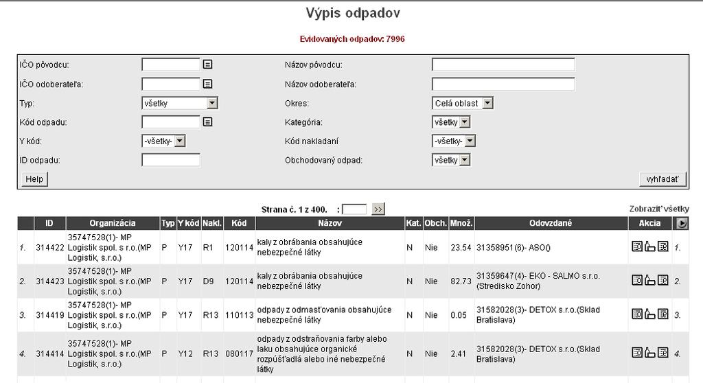 ODPADY Ponuka Odpady" hlavného menu RISO Net ponúka prácu s odpadmi podľa nasledovnej štruktúry. Výpis odpadov V tomto výpise sa súhrnne zobrazujú evidované odpady.