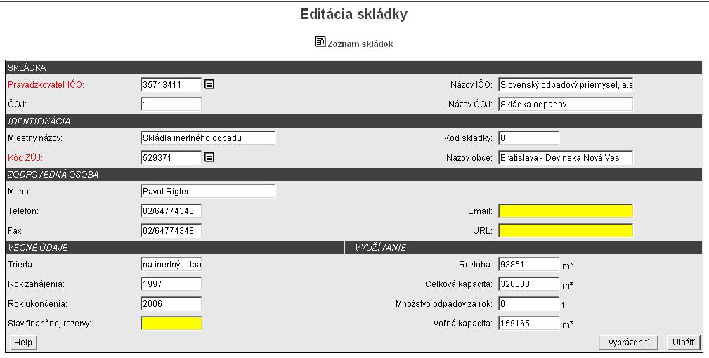 22 Obrázok 22: Źoznam skládok Z formulára "Zoznam skládok" je možné po kliknutí na IČO alebo názov editovať evidovanú skládku. Po kliknutí sa nám objaví nasledujúci formulár na obr.23.