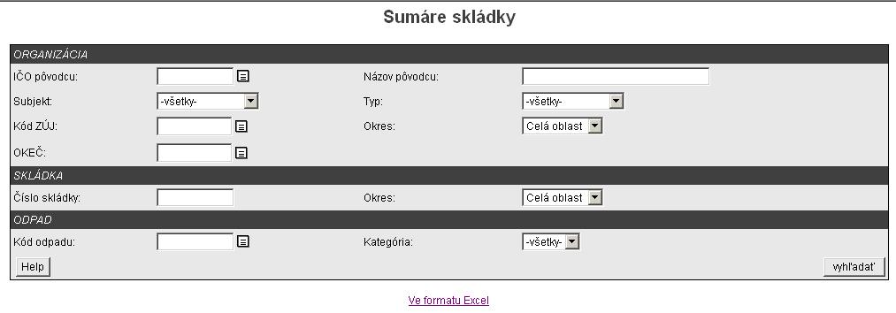 V tejto sekcii môžeme zobrazovať súhrnné údaje z evidencie odpadov, výber môžeme obmedzovať použitím filtru. Takisto je možný výstup do tabulkového formátu xls resp. excel.