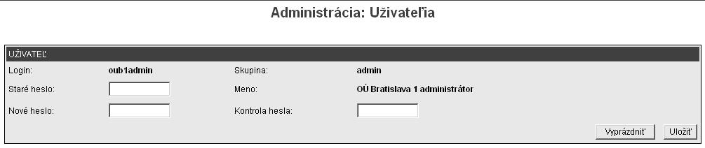 pracovníkoch a pod. svojho úradu. Zmena hesla Vyvolaním ponuky Zmena hesla z menu Administrácia sa zobrazí formulár (obr.