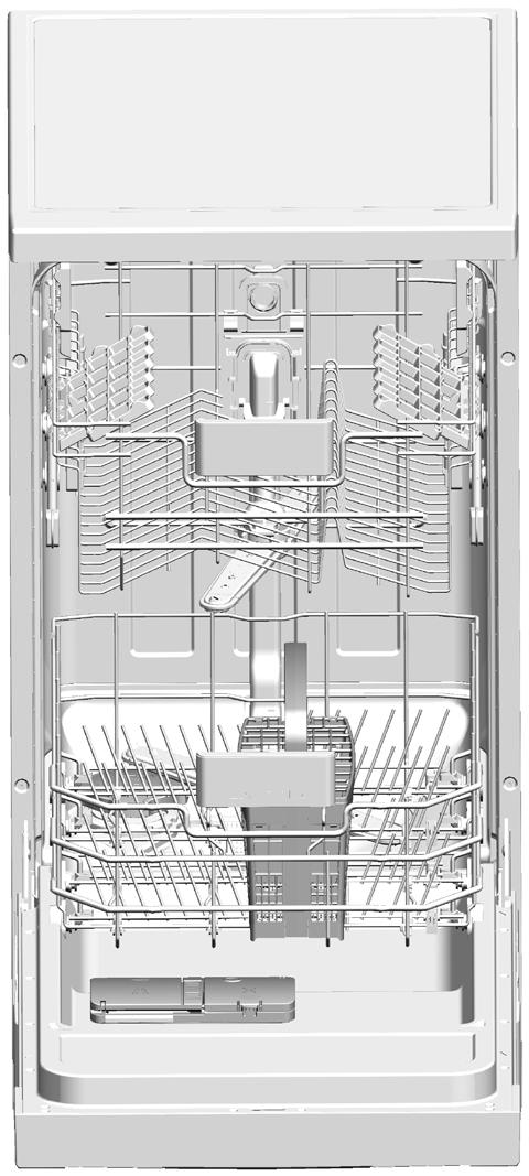2 Myčka Přehled 14 1. Horní koš 2. Horní lopatka 3. Dolní lopatka 4. Košík na příbory 5. Klasifikační štítek 6. Dvířka 7. Ovládací panel 8. Zásobník na čisticí prostředky 9.