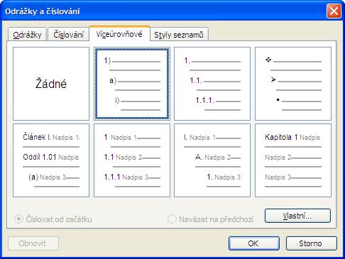Formátování textu Odrážky a číslování Nabídka
