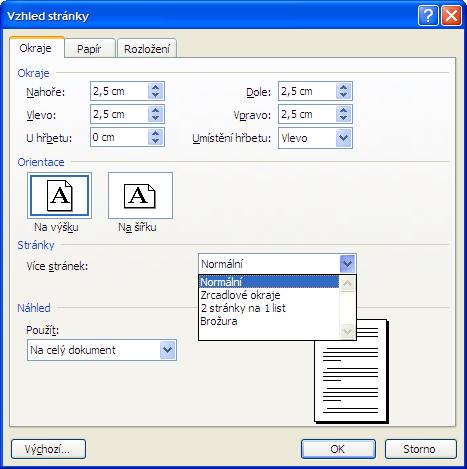 Příprava na tisk Nabídka Soubor/Vzhled stránky Nastavení