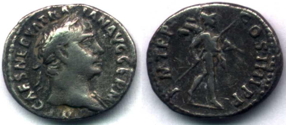 Řím císařství, Trajánus (98-117) Denár, AV: Hlava císaře vpravo IMP CAES NERVA TRAIANA