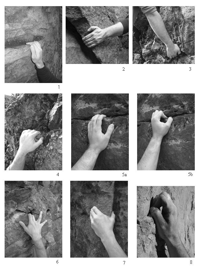 Základní typy chytů (úchopu) Legenda k obrázkům: 1 = horní chyt, 2 = boční chyt, 3 = dolní chyt, 4 = madlo, 5a = prstový chyt