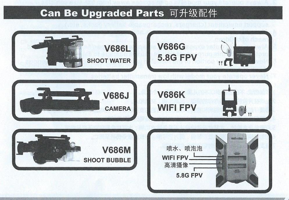 3.7 V 730 mah- lithiová baterie Blade 4- listy vrtule Příslušenství pro jednotlivé verze rc-modelu V686L shoot water- vybaven vodním dělem V686J camera- vybaven fotoaparátem V686M shoot