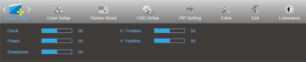 Image Setup (Nastavení obrazu) 1. Stisknutím MENU (NABÍDKA) zobrazte nabídku. 2. Stisknutím tlačítka nebo vyberte položku (Image Setup (Nastavení obrazu)) a stisknutím tlačítka MENU (NABÍDKA) vstupte.