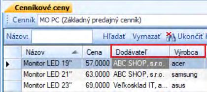 sa šípkou na pravej strane tlačidla). Skladové zásoby o V zozname je dostupný nový stĺpec Výrobca.