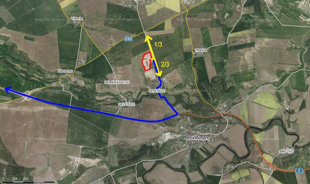 ČÁST B až na komunikaci II/255 (směr Vrbka), dále doprava odbočí západně na silnici č. II/250 a z ní pak jižně na komunikaci III/2508 vedoucí k pískovně.