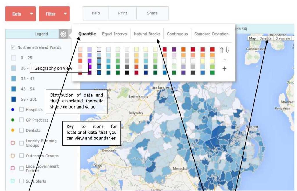 2. Popisky Dialogové okno popisku obsahuje všechny informace související s mapou v zobrazení Popisek Nastavení popisku Popisek vám umožňuje přečíst data zobrazená na mapě a klíč ke kategoriím, z