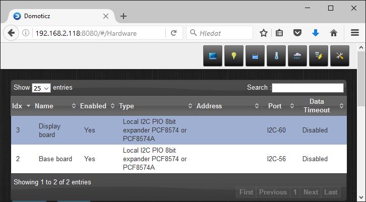 Přidat je lze výběrem typu Local I2C sensors, nasleně subtypu: Local I2C PIO 8bit expander PCF8574 or PCF8574A a zadáním I2C adresy.
