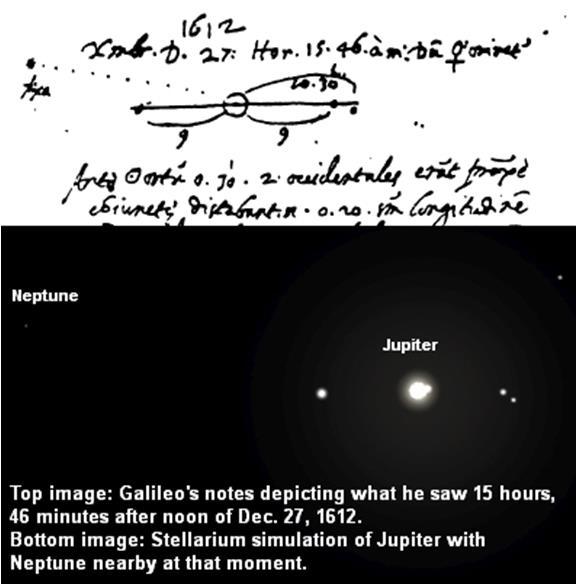 1 ZÁKRYT Obr. 1.3: Nahoře: Zápisky Galilei toho, co viděl 15 h 46 min po poledni 27. prosince 1612. Dole: Simulace Jupitera s nedalekým Neptunem v daný moment programem Stellarium.