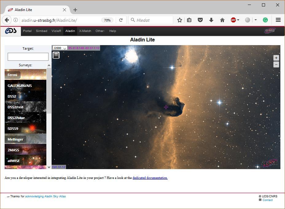 5 ZÁKLADY ZPRACOVÁNÍ Obr. 5.6: Webová verze Aladin Lite, v levé části se nachází místo pro vkládání souřadnic (Target) Po zadání souřadnic 06:55:42.3929 +28:38:39.