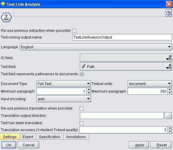 Obrázek 15: Dialogové okno uzle Text Linked Analysis - záložka Settings. [Zdroj: vlastní] Na této záložce lze nastavit tyto parametry [23]: Text mining output name.