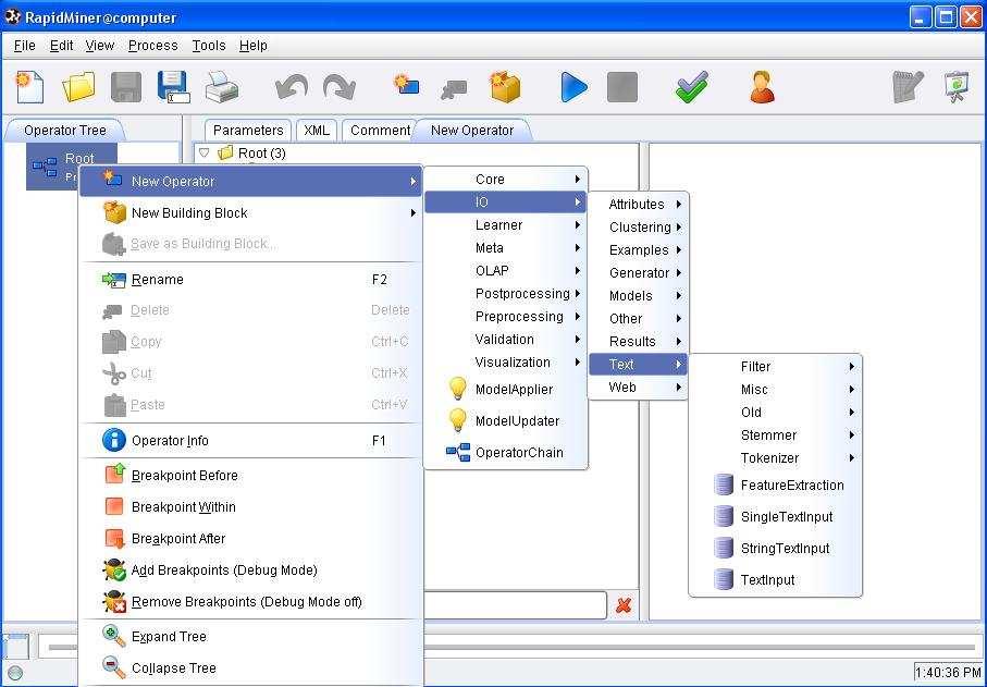 všemi doplňky něco přes 400 operátorů ze všech oblastí data miningu. Po doinstalování doplňku pro text mining vznikne nabídka Text, kde je na výběr z několika text miningových operátorů.