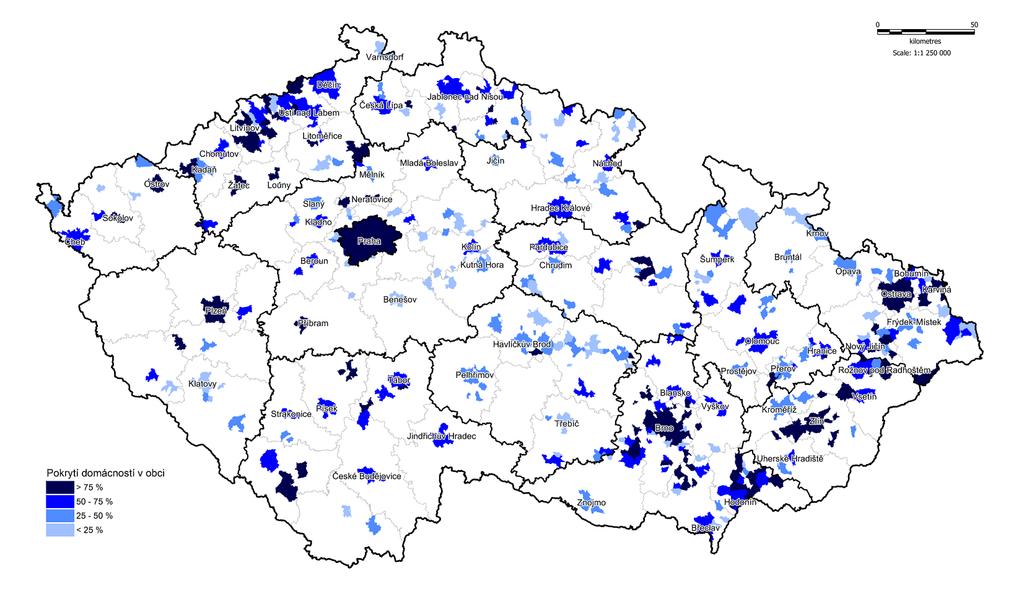 Obr. č. 22: Dostupnost sítí CATV v ČR k 31. 12. 2015 Zdroj: ČTÚ, 2015 Pozn.: Interval <25% nezahrnuje obce s pokrytím nižším než 1%.