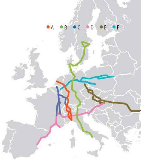 Evropské ETCS koridory A Rotterdam Janov B Stockholm Neapole C Antverpy Basilej Lyon D Valencie Lyon Ljubljana E Drážďany Praha Bratislava/Vídeň