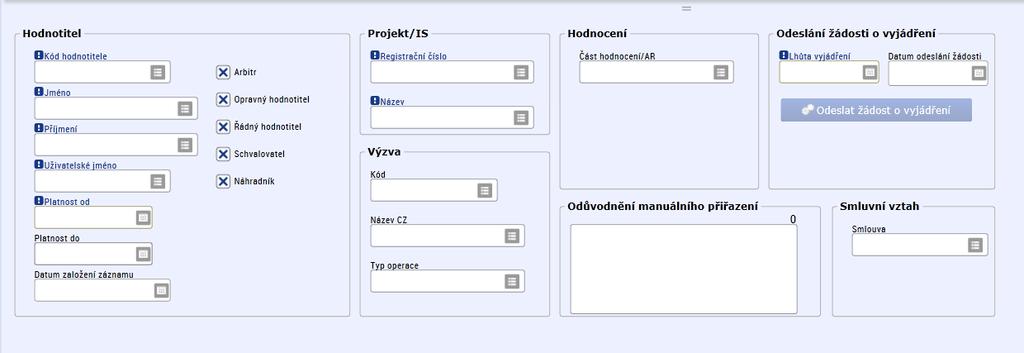 4) v poli Platnost od nastaví datum, od kterého má hodnotitel právo náhledu na daný projekt, 5) určí část hodnocení, na kterou je hodnotitel přiřazen (kontrola formálních náležitostí a přijatelnosti,