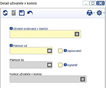 Stisknutím tlačítko Nový se zobrazí záložka Detail uživatele v komisi.