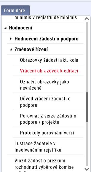 Zobrazí se okno s nabídkou všech záložek projektové žádosti a řádný hodnotitel