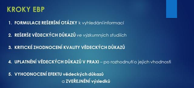 Schopnost vyhledat a utřídit vědecké informace je základem pro práci s vědeckými důkazy. V rámci komplexu Praxe založené na vědeckých důkazech se ale jedná POUZE O DVA PRVNÍ KROKY EBP.