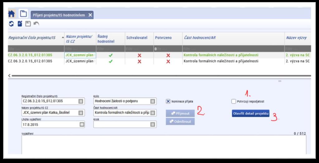 Po stisknutí tlačítka Otevřít detail projektu se zobrazí detail projektu, u kterého má schvalovatel hodnocení provést schválení hodnocení.