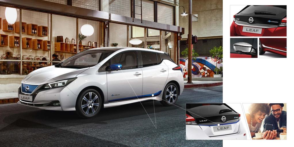 BALÍČEK ELEGANCE CHROME PRAHOVÉ LIŠTY DVEŘÍ CHROMOVANÉ DOLNÍ LIŠTA ZAVAZADLOVÉHO PROSTORU CHROMOVANÁ KRYTY ZRCÁTEK CHROMOVANÉ Konfigurování vašeho nového Nissanu LEAF ještě nikdy nebyla větší zábava.