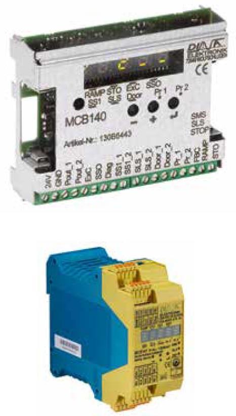 Obrázek 36 Bezpečnostní moduly MCB140 a MCB141 [29] Kromě funkce bezpečného odpojení momentu (STO), která je pro měniče VLT FC 301 a 302 standardem, modul MCB 140 přidává další bezpečnostní funkce