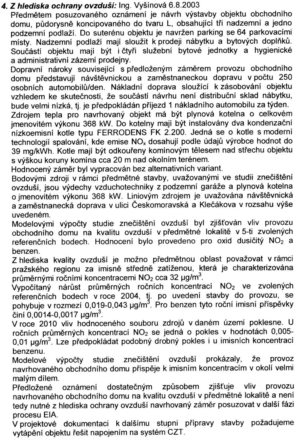 - 2 - Za pøedpokladu zohlednìní výše uvedených pøipomínek v dalším stupni projektové dokumentace nepožadujeme dále pokraèovat v procesu EIA. 4. Z hlediska ochrany ovzduší: Ing. Vyšínová 6.8.