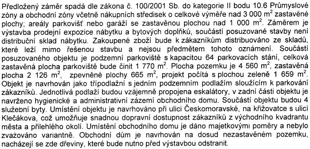 . o posuzování vlívù na životní prostøedí a o zmìnì nìkterých souvisejících zákonù Podklady Pøedložený zámìr spadá dle zákona È. 100/2001 Sb. do kategorie II bodu 10.
