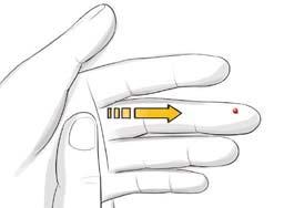 Obrazovka zobrazí blikající kapku krve označující, že je glukometr připravený k testování kapky krve.
