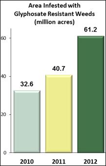 Rychlý vývoj rezistence v posledních letech Zdroj: Kent Fraser, Stratus, USA, 2013 49% farmářů v USA uvádí v roce 2012 problémy s rezistencí vůči glyfosátu nárůst z 34% v roce 2011 Nejhorší situace v