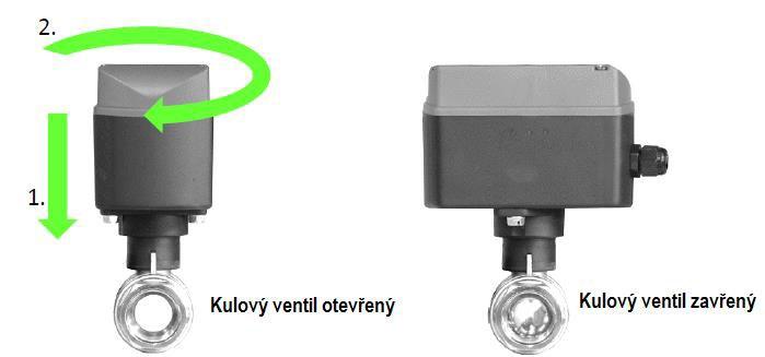 RUČNÍ OVLÁDÁNÍ VERZE 1" 1/2 Ventil můžete ručně otevřít a zavřít: 1. tlačením pohonu směrem ke kulovému ventilu. 2. otáčením doleva nebo doprava o 90.