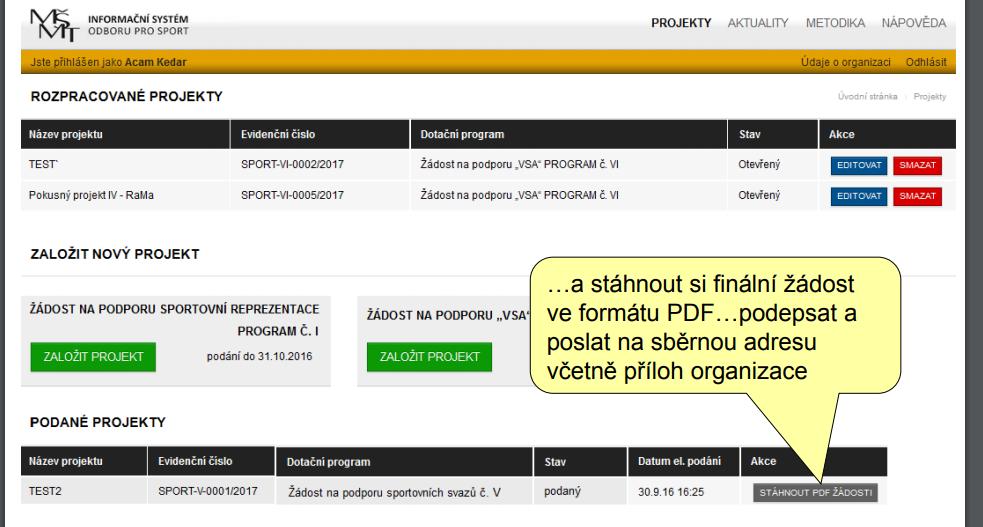 Od kliknutím se dostanete do správy projektů, kde projekt stáhnete, vytisknete a pošlete s požadovanými přílohami na MŠMT. 3. Co a kam poslat? Posíláte: (žádost + 4 přílohy) 1.