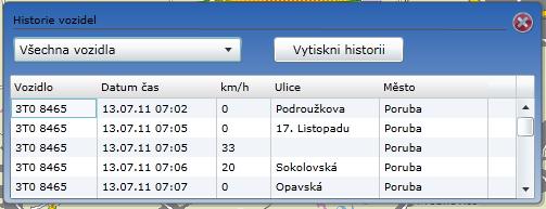 Historie je omezena na 1000 záznamů na vozidlo. Pokud vše proběhne v pořádku objeví se plovoucí okno s historií vozidel a na mapě se vyznačí trasa vozidla.