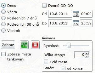 Záložka HISTORIE Časové rozmezí zobrazované historie Načte a zobrazí historii vybraných vozidel Spustí/Pozastaví animaci pohybu vozidla Zobrazí místa tankování včetně popisu místa Zastaví animaci