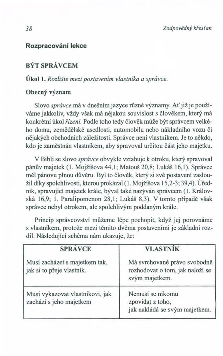 38 Zodpovědný křesťan Rozpracováni lekce BÝT SPRÁVCEM Úkoll. Rozlište mezi postavením vlastníka a správce. Obecný význam Slovo správce má v dnešním jazyce různé významy.