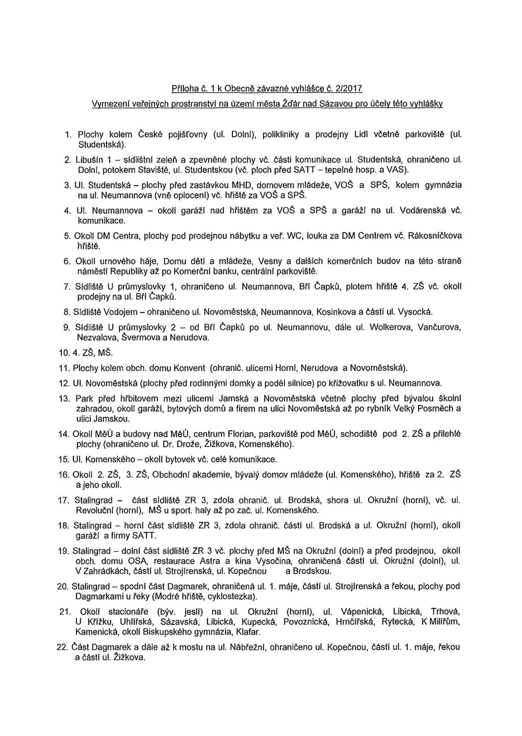 Přlloha č. 1 k Obecně závazné vyhlášce č. 2/2017 Vymezeni veřejných prostranstvl na územl města :Žďár nad Sázavou pro účely této vyhlášky 1. Plochy kolem české pojišťovny (ul.