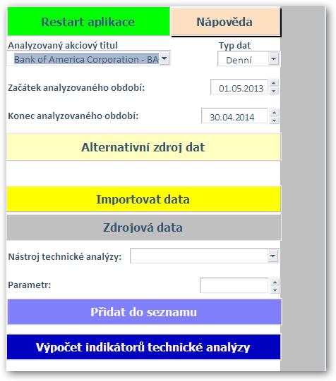 do seznamu nástrojů, pro výpočet technické analýzy. A posledním tlačítkem je Výpočet indikátorů technické, které zahájí samotný výpočet indikátorů načtených v seznamu.