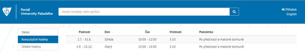 4) Po uložení se dostaneme na přehled konzultačních/úředních hodin, kde s vytvořenými termíny můžeme ještě dále pracovat znovu editovat pomocí symbolu tužky, úplně smazat pomocí červeného křížku,