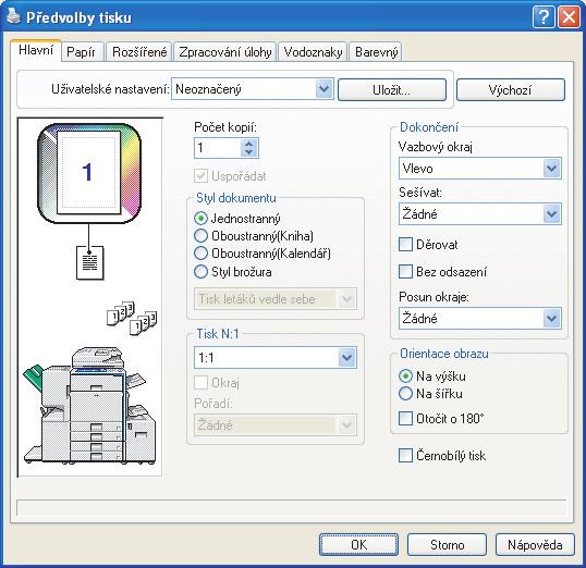 Ve Windows 2000 se tlačítko [Předvolby]neobjeví. Vybírejte příslušné záložky dialogového rámečku "Tisk", abyste nastavili jejich položky. 2 Klikněte na tlačítko [Nápověda].