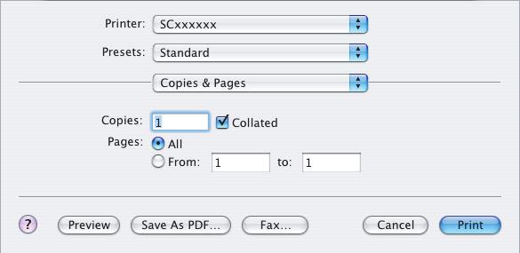 ("xxxxxx" je posloupnost znaků, která se liší podle modelu stroje.) (2) Nastavte parametry tisku. Klikněte na u [Copies & Pages] ([General] v Mac OS 9.0 až 9.2.2) a vyberte z menu nastavení, která chcete nakonfigurovat.