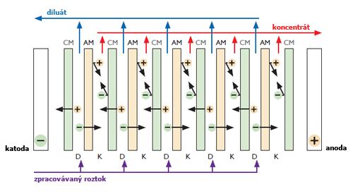 Elektrodialýza Elektrodialýza patří do skupiny elektromembránových procesů, při kterých dochází k separaci záporně nabitých částic od kladně nabitých