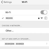 6 V zařízení ios vyberte přístroj jako AirPlay speaker v obrazovce Wi-Fi.