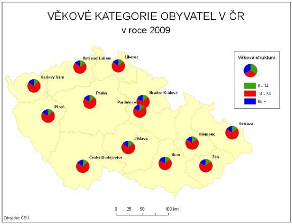 Strukturní (kompletní) kartodiagram Pro tento diagram je v ArcGIS vhodná volba Pie Chart, která dokáže správně vytvořit a dobře modifikovat vytvořený kartodiagram.