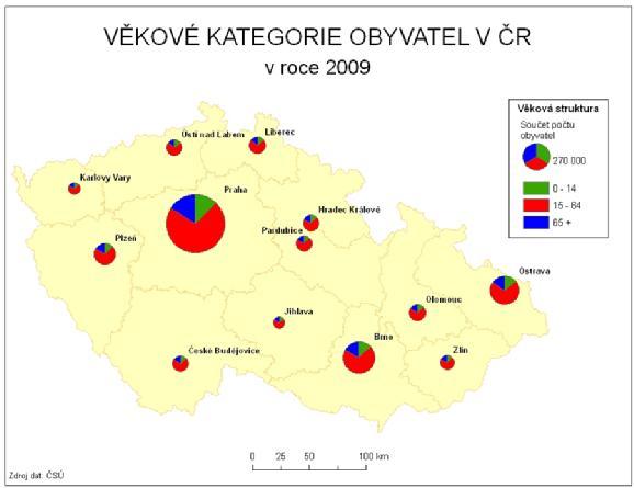 Součtový kartodiagram ArcGIS dokáže vytvořit tento diagram zvolením Pie Charts, ale je důležité nastavit několik parametrů, abychom dosáhli součtového a nikoliv strukturního kartodiagramu.