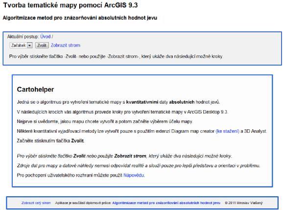 9.2 Uživatelské rozhraní Po načtení webové stránky s algoritmem Cartohelper se zobrazí úvodní obrazovka (obrázek 18) seznamující uživatele s funkcemi a účelem algoritmu.