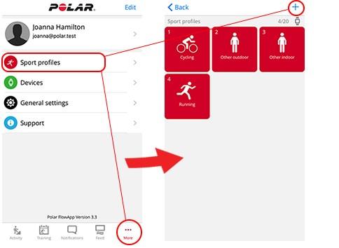 Ve webové službě Polar Flow: 1. Klikněte na svoje jméno/profilovou fotografii v pravém horním rohu. 2. Zvolte Sportovní profily. 3. Klikněte na Přidat sportovní profil a vyberte sport ze seznamu. 4.