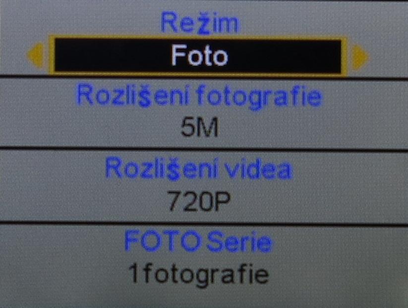 NASTAVENÍ FOTOPASTI hlavní menu Režim máte možnost zvolit režim fotografování, Video sekvence, nebo kombinace fotografování + video v tomto režimu fotopast pořídí jednu fotografii a následně začne