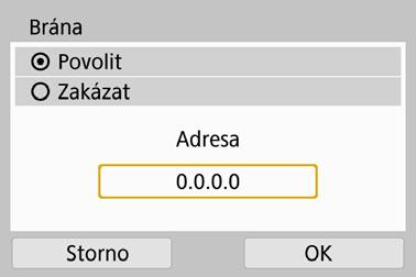 Ruční nastavení adresy IP Nastavte adresu IP ručně. Zobrazené položky se liší v závislosti na funkci Wi-Fi. 1 2 Vyberte položku [Ruční nastavení].